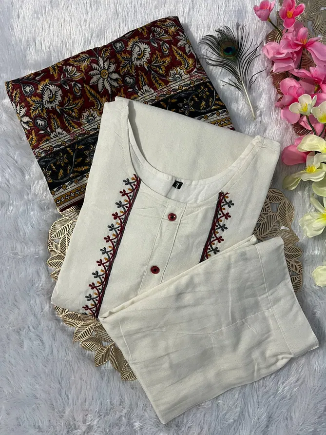 VT Designer Off White Embroidery Khadi Cotton Kurti With Bottom Dupatta Wholesale Online